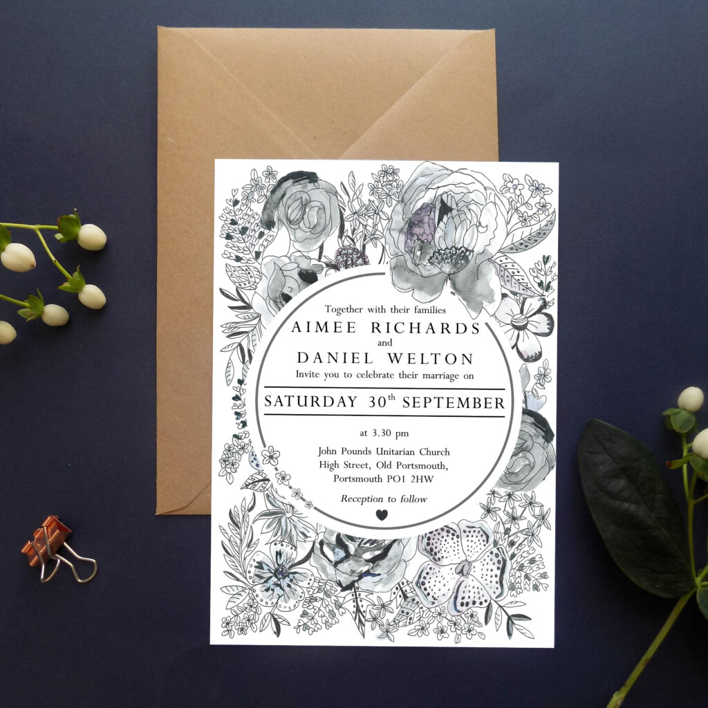 Printable Monochrome Floral Wedding Invitation Suite