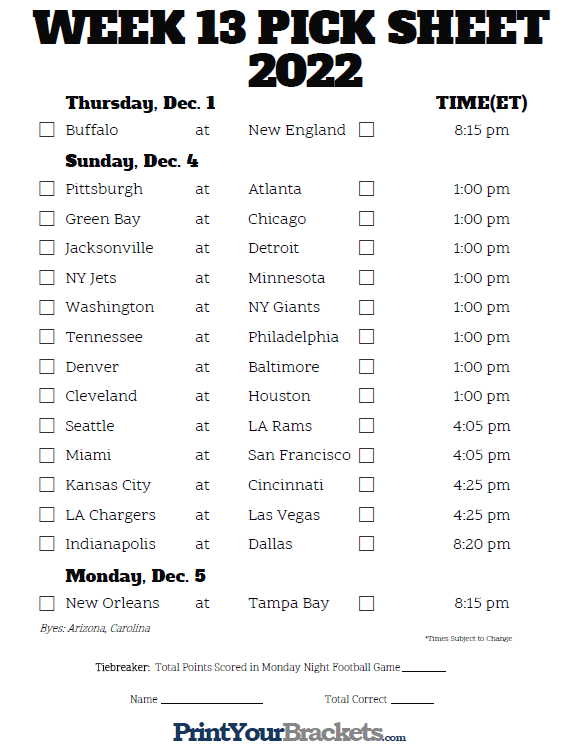 Printable NFL Week 13 Schedule Pick Em Pool 2022