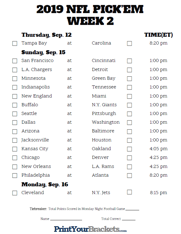 Printable NFL Week 2 Schedule Pick Em Pool 2019 Nfl Football Schedule 