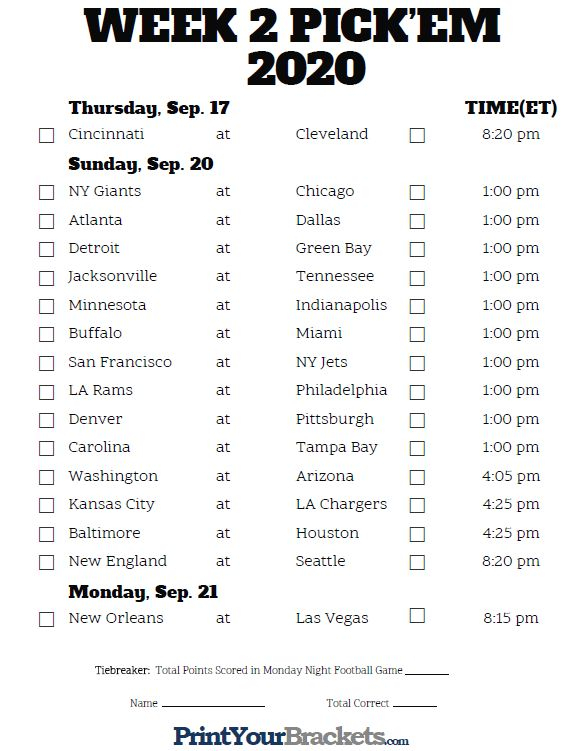 Printable NFL Week 2 Schedule Pick Em Pool 2020 Nfl Calendar Nfl