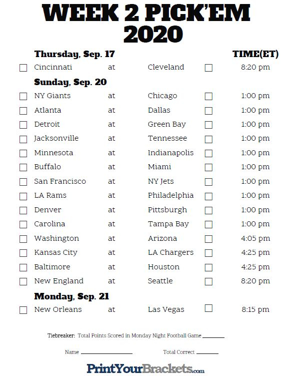 Printable NFL Week 2 Schedule Pick Em Pool 2020 Nfl Calendar Nfl 