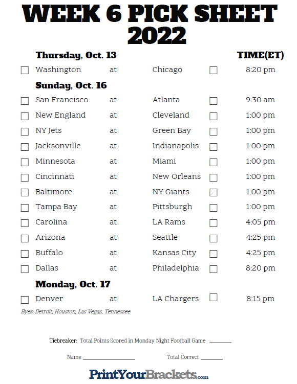 Printable NFL Week 6 Schedule Pick Em Pool 2022