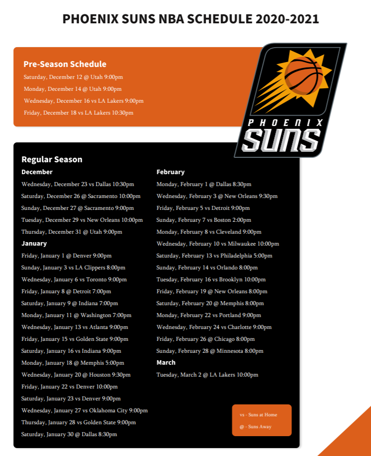 Printable Phoenix Suns Schedule For 2020 21 TV Schedule Updated 