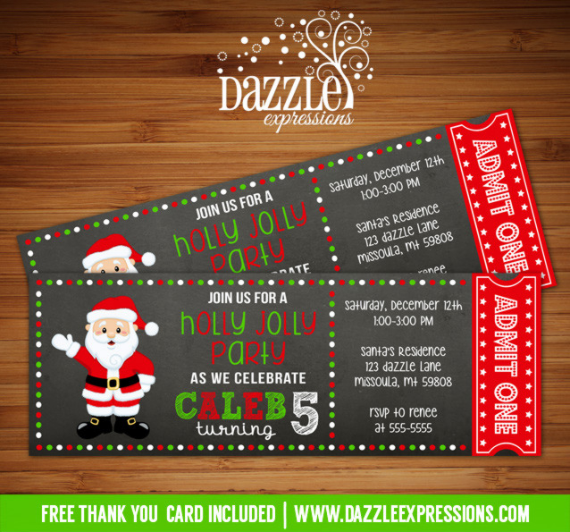 Printable Santa Chalkboard Ticket Birthday Invitation Holiday Party 