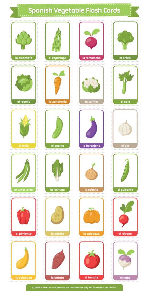 Printable Spanish Vegetable Flash Cards