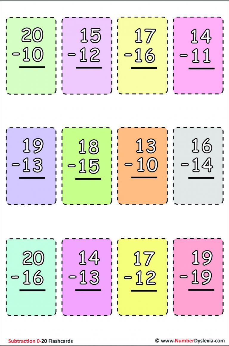 Printable Subtraction Flashcards 0 20 With Free PDF Number Dyslexia