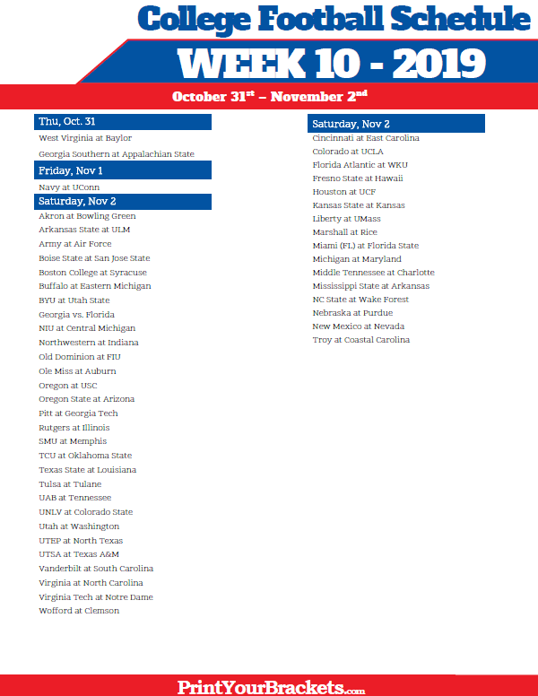 Printable Week 10 College Football Schedule 2022