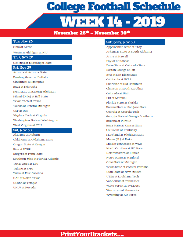 Printable Week 14 College Football Schedule 2022