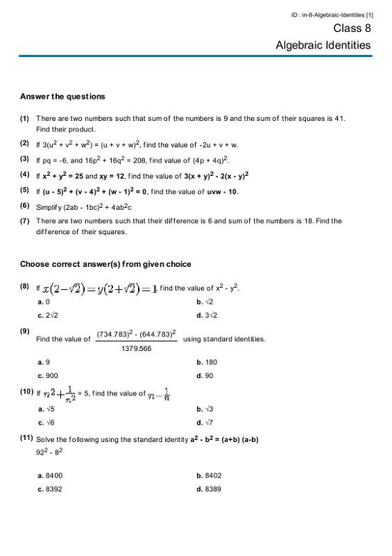 Printable Year 8 Math Worksheets Algebraic Identities K5 Worksheets 