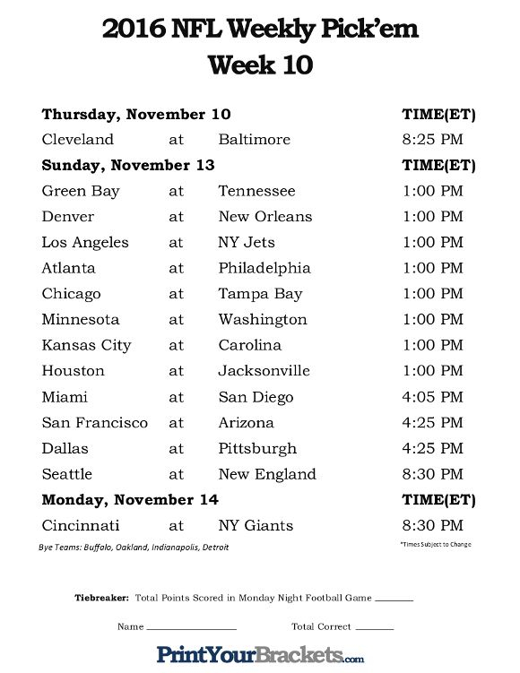 Pritnable NFL Week 10 Schedule Pick Em Sheets Templates Conference 