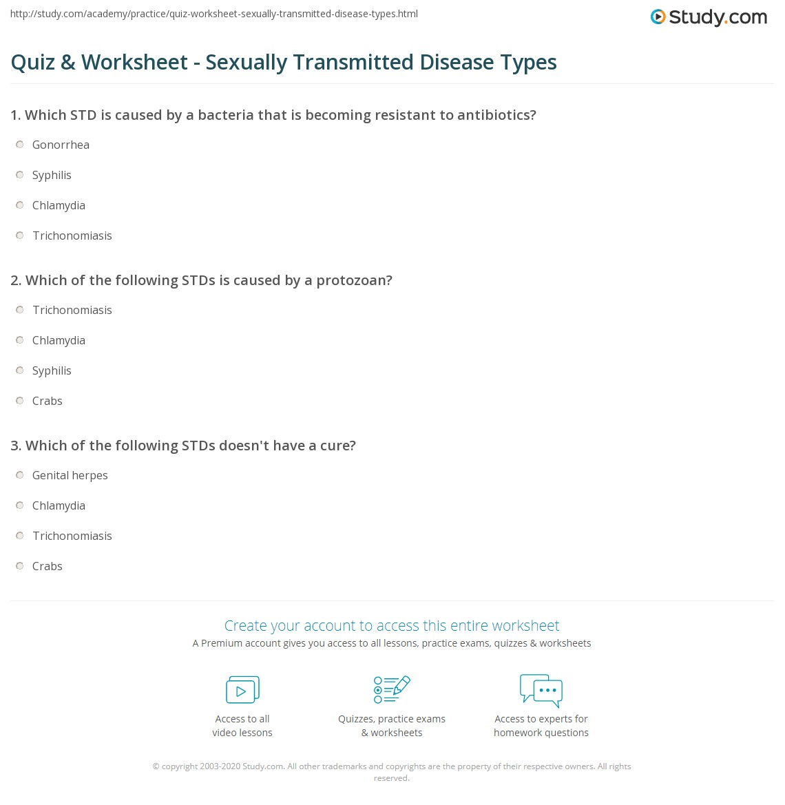 Quiz Worksheet Sexually Transmitted Disease Types Study