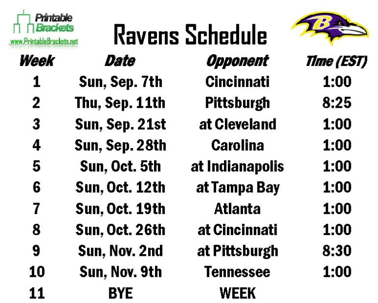 Ravens Schedule Baltimore Ravens Schedule FreePrintable.me
