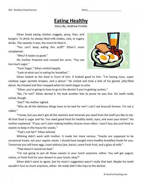 Reading Comprehension Worksheet Eating Healthy