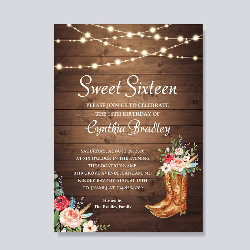 Rustic Boots Cowgirl Sweet Sixteen 16 Birthday Invitation PWIT005 Pro