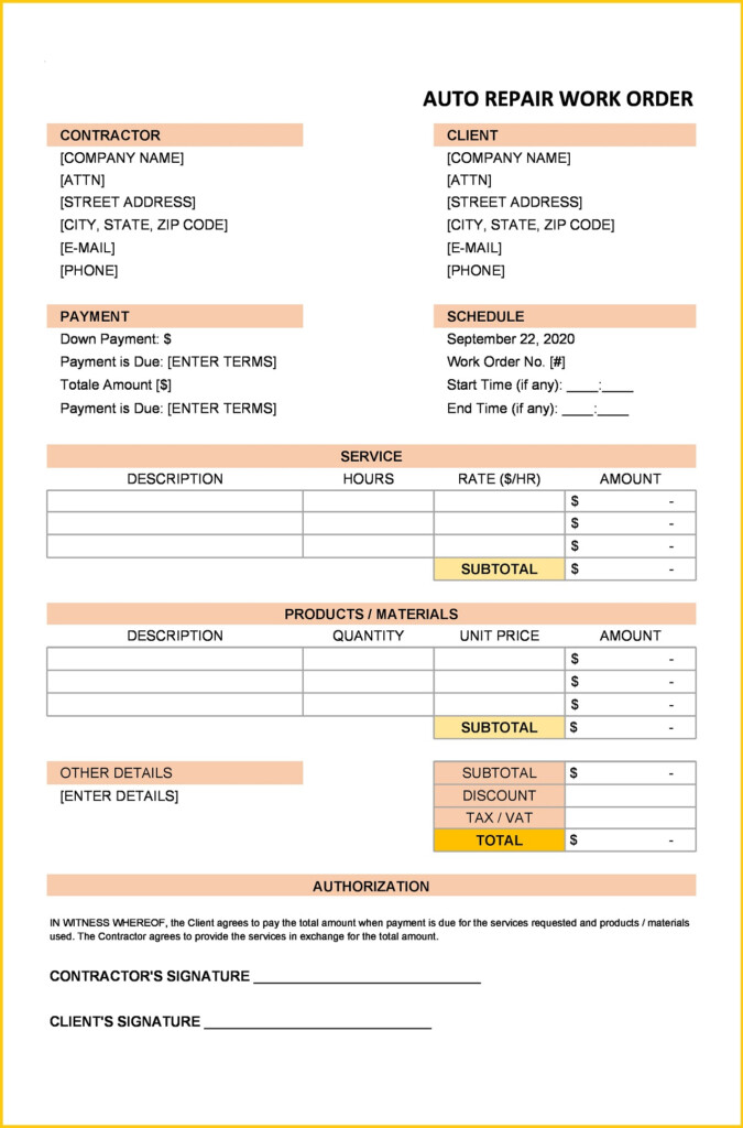 Sample Auto Repair Work Order Template GeneEvaroJr