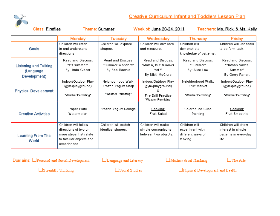 Sample Of Creative Curriculum Lesson Plans For Infants Toddlers And 