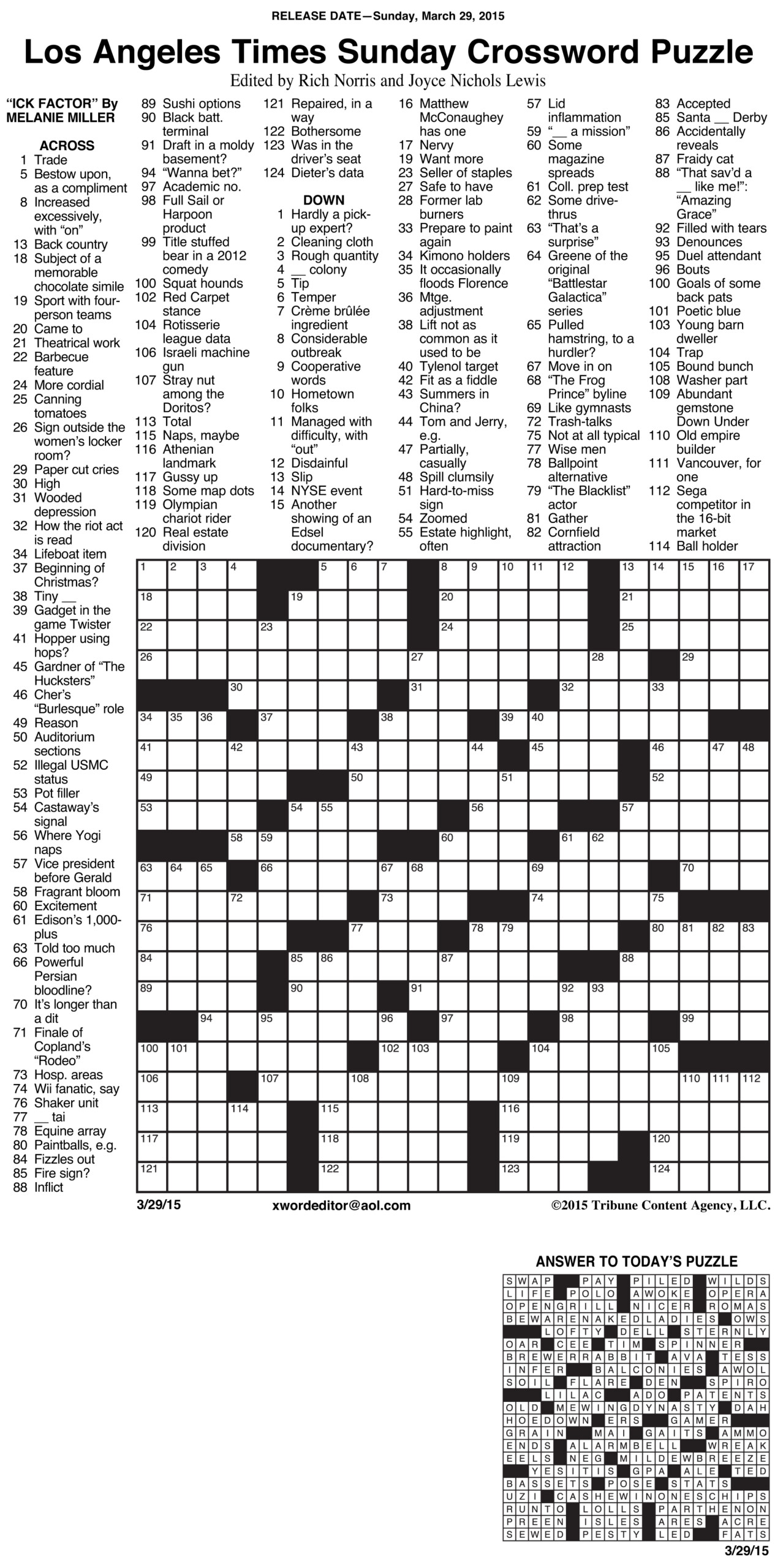 Sample Of Los Angeles Times Sunday Crossword Puzzle Tribune Content