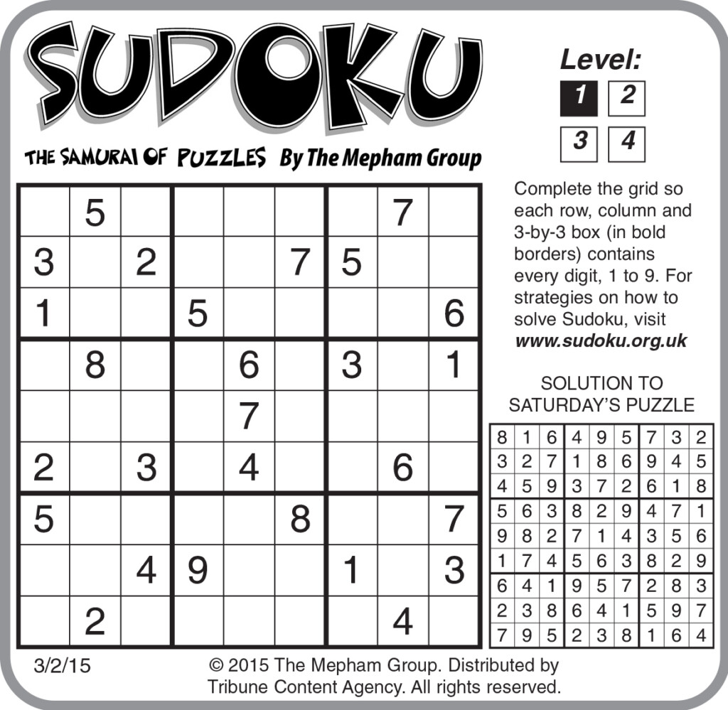 Sample Of Sudoku Daily Horizontal Tribune Content Agency March 2 2015 