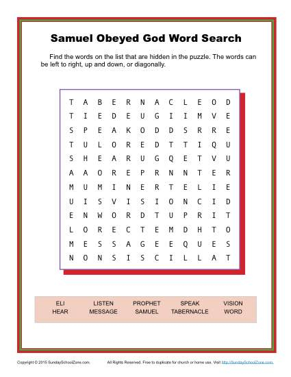 Samuel Obeyed God Word Search Children s Bible Activities Sunday 