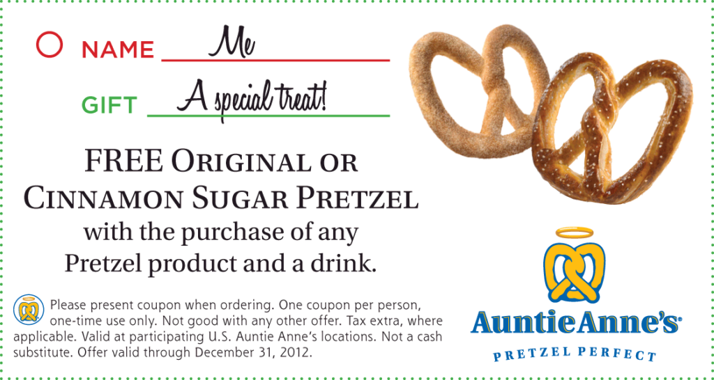Second Pretzel Free With Your Drink At Auntie Annes Coupon Via The 