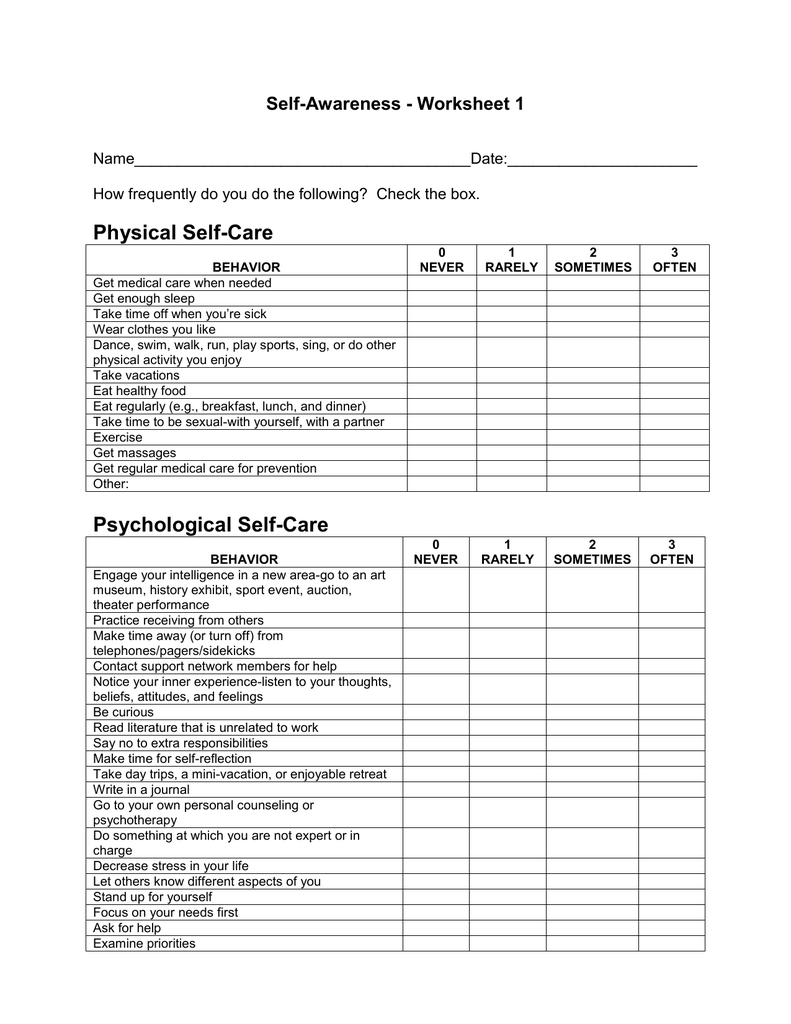 Selfareness Worksheet 1 Db excel