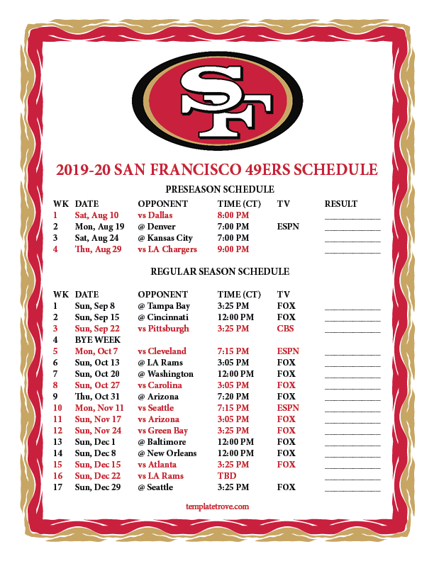 Sf 49ers Schedule 2021 Printable FreePrintableTM