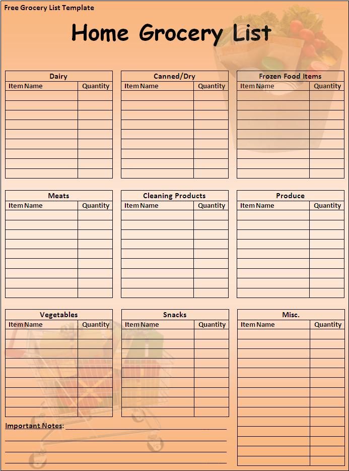 Shopping Grocery List Free Word Templates