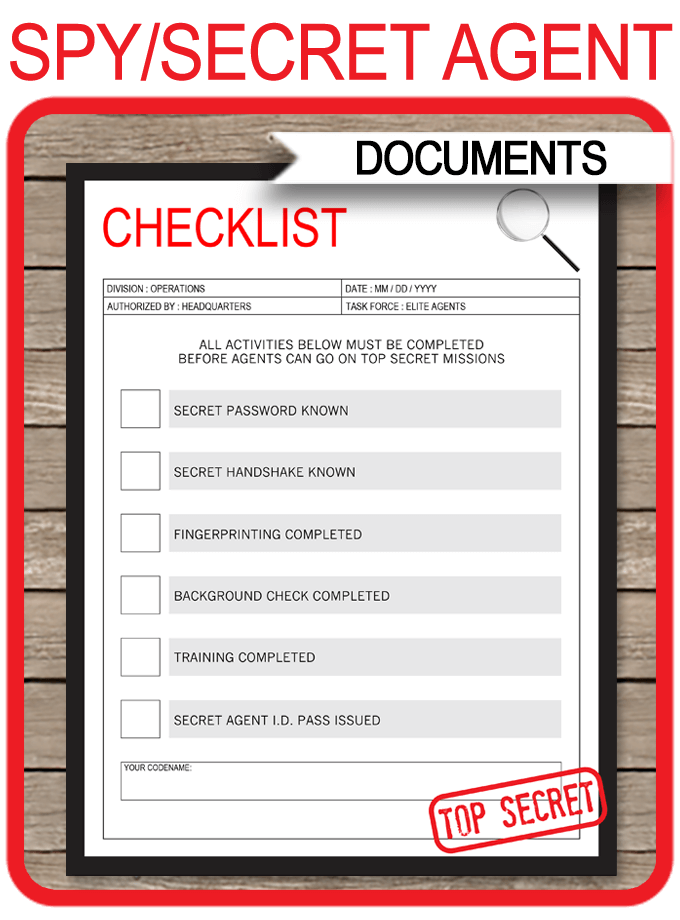 Spy Party Mission Activities Checklist Template Printable Secret 