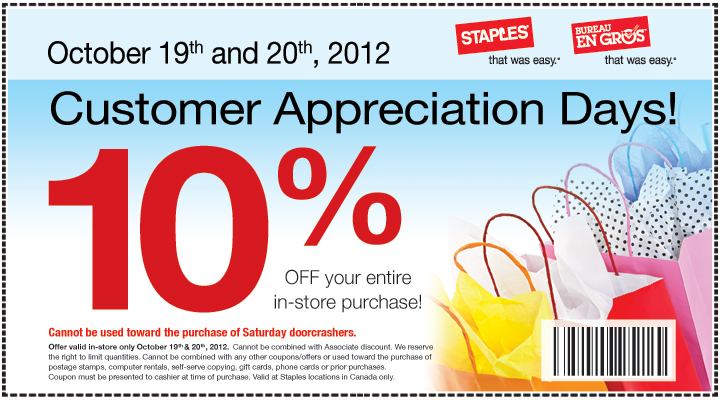 Staples Canada 10 Off Your Entire In Store Purchase Printable Coupon 