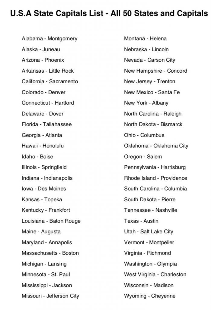 State Capitals List U S A Printable 50 States And Capitals List 
