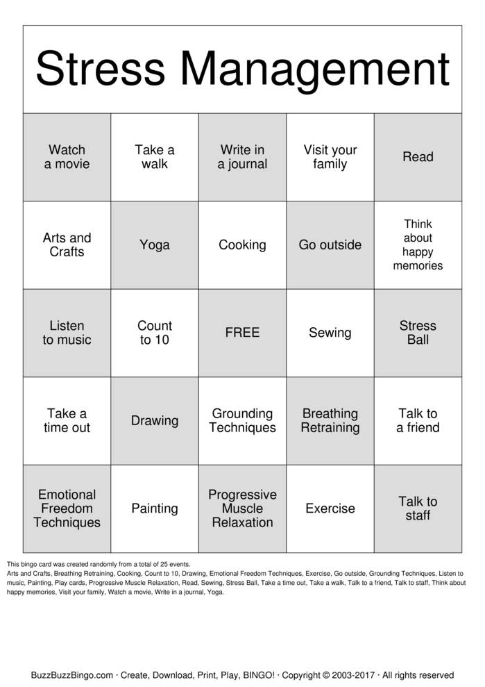 Stress Management Bingo Cards To Download Print And Customize 