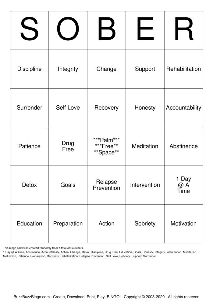 Substance Abuse Recovery Bingo Cards To Download Print And Customize 