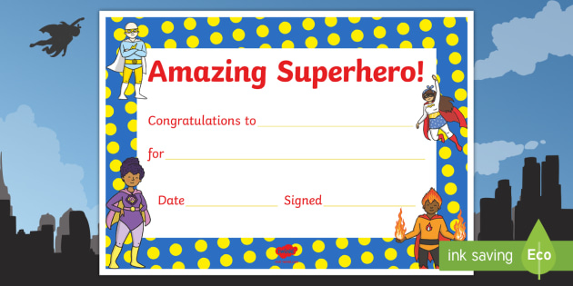 Superhero Themed Reward Certificate Superheroes Superhero