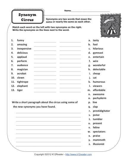 Synonym Circus 4th And 5th Grade Worksheets 5th Grade Worksheets 