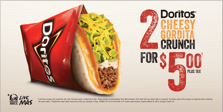 Taco Bell Canada Coupons Doritos Cheesy Gordita Crunch 2 For Just 5 