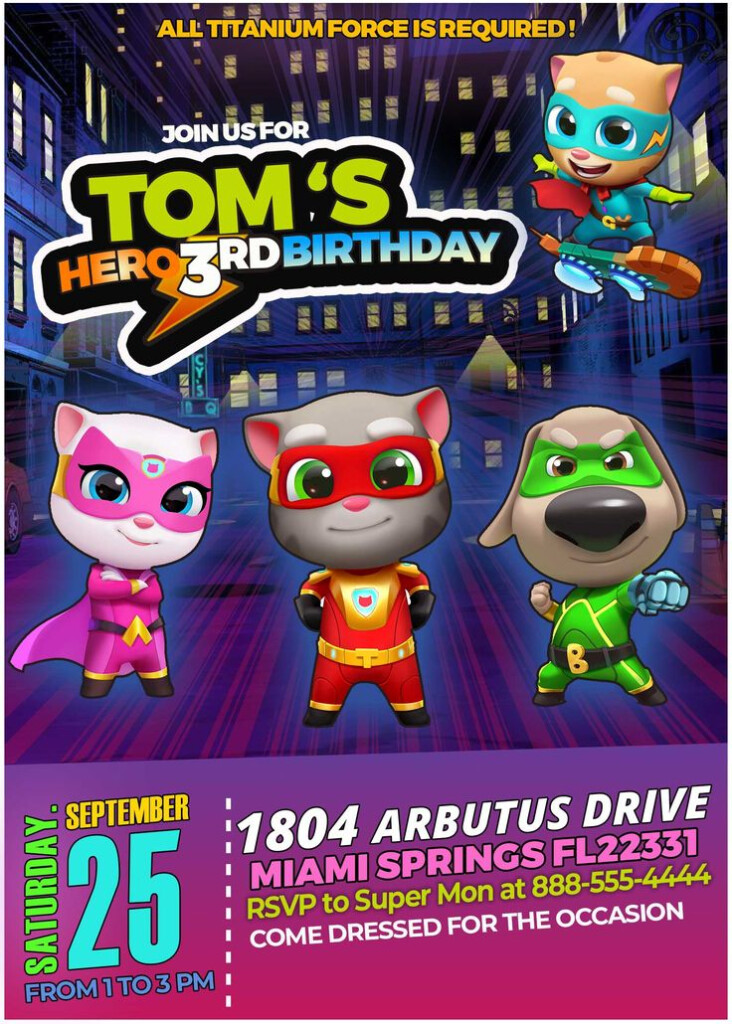 TALKING TOM HERO DASH BIRTHDAY INVITATION Oscarsitosroom Kids 