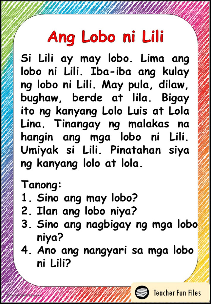 Teacher Fun Files Filipino Reading Materials With Comprehension Questions