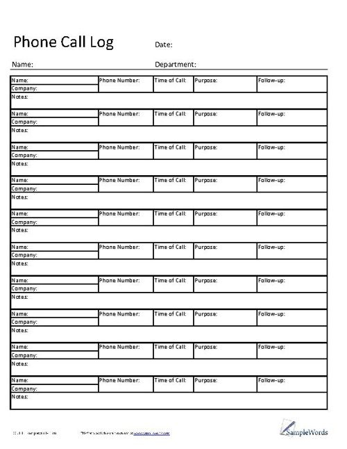 Telephone Call Log Form Download PDF Template Telephone Call