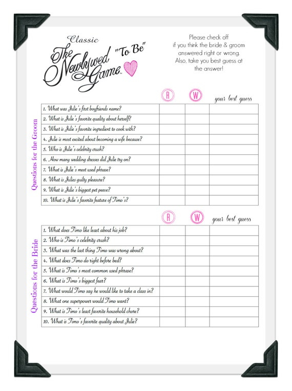 The Newlywed Game Wedding Shower Game Bachelorette Party
