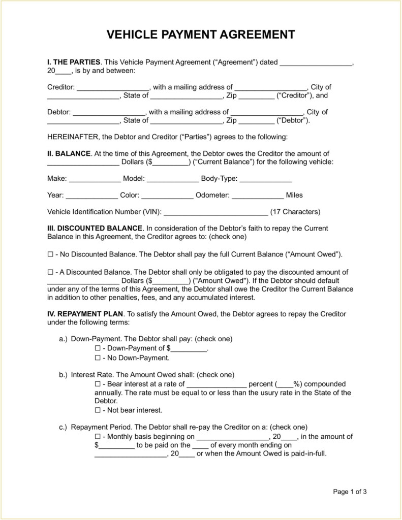 Vehicle Payment Plan Installment Agreement Template Sample GeneEvaroJr