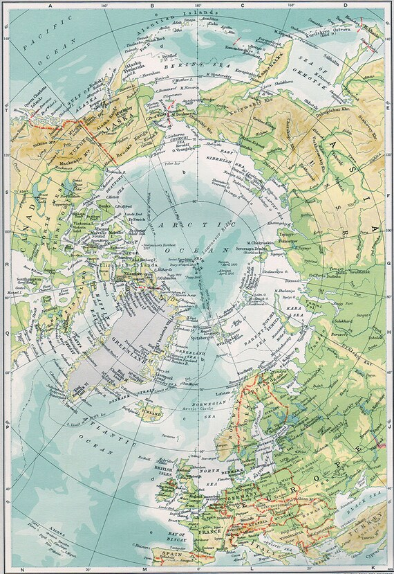 Vintage Map Arctic Ocean Alaska Canada Germany Greenland Etsy