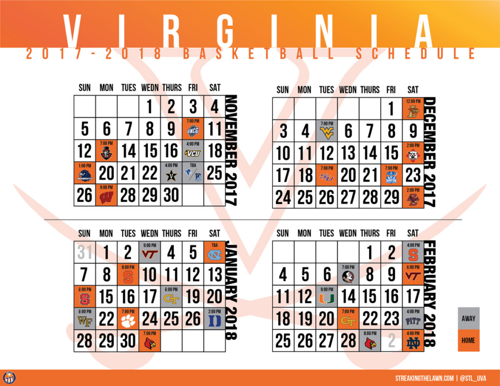 Virginia Basketball 17 18 Printable Schedule Streaking The Lawn