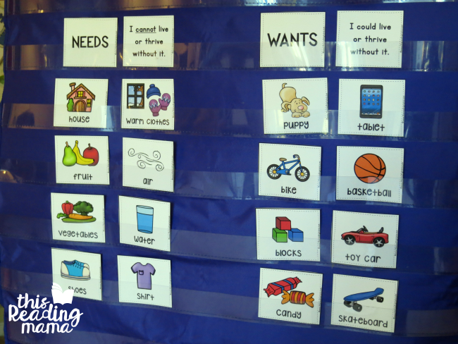 Wants vs needs pocket chart sorting activity This Reading Mama