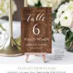 Wedding Table Number Card Printable Rustic Reception Seating Template