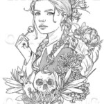 Wednesday Addams Macabre Girl Coloring Page Halloween Skull Flowers