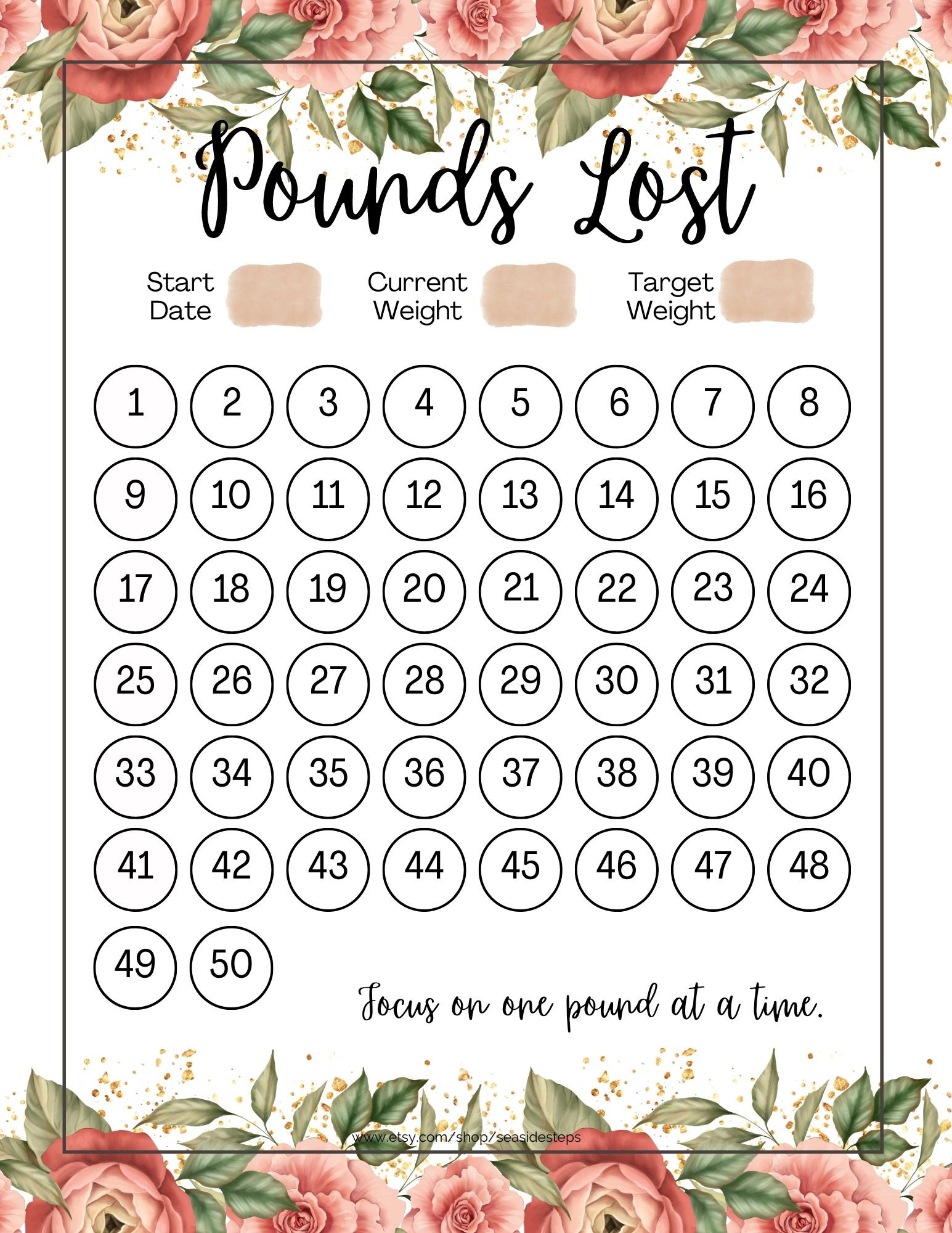 Weight Loss Tracker 50 Lbs Weight Loss Journal Printable Etsy
