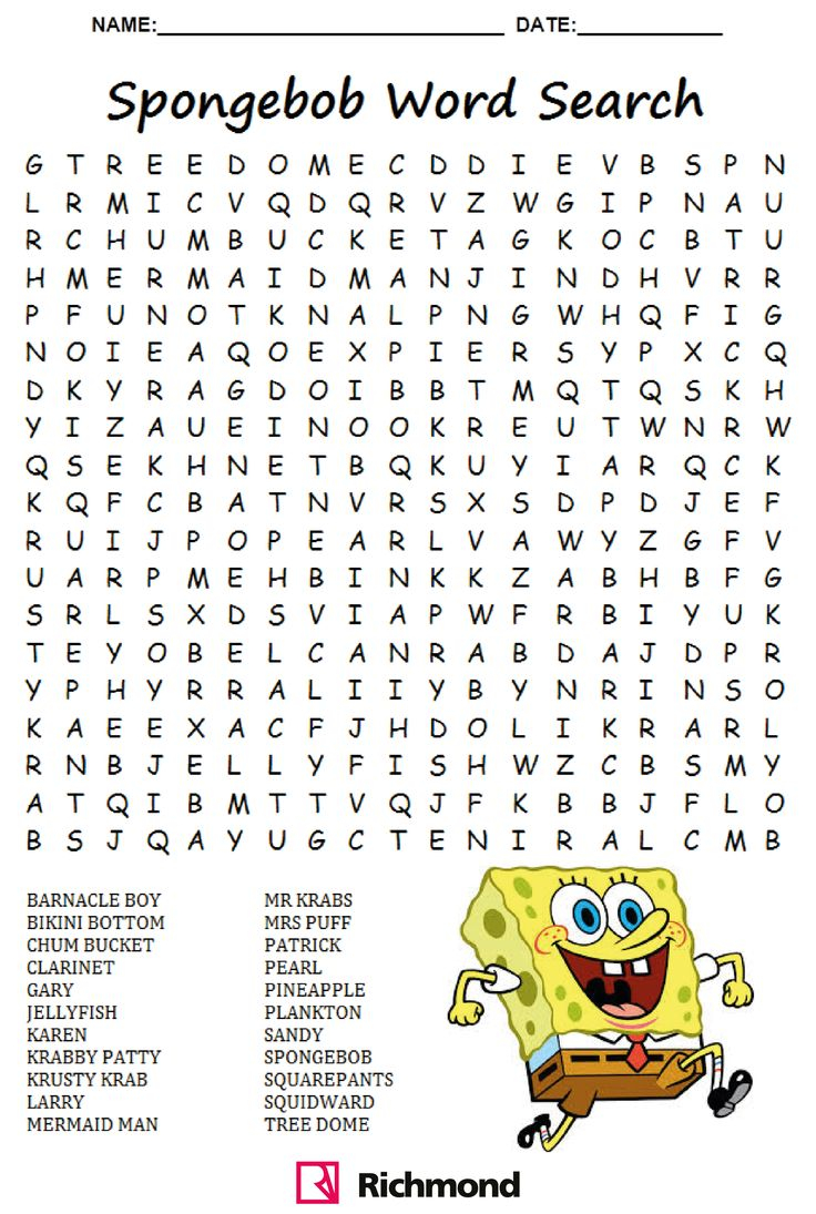 WordSearch Spongebob Time Word Puzzles For Kids Activity Sheets