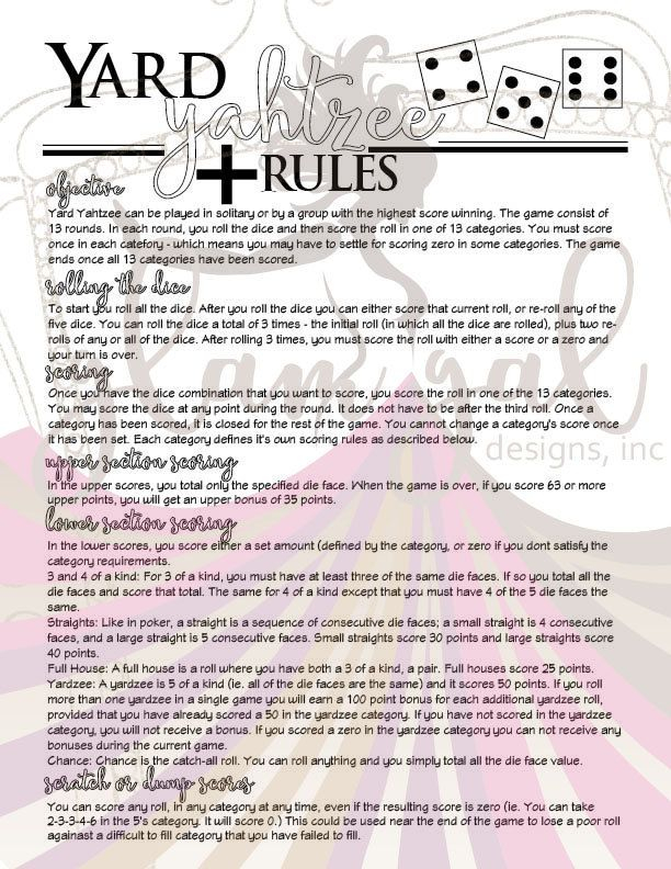 Yard Yahtzee Yardzee Score Card And Rules Set Yard Yahtzee Yahtzee 